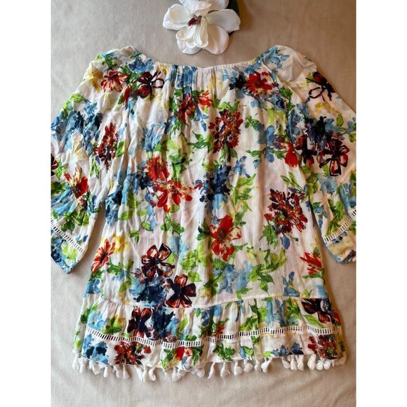 Ali Miles Floral Off-Shoulder Blouse With Tassel Hem Cottagecore Boho Bohemian - Picture 2 of 8